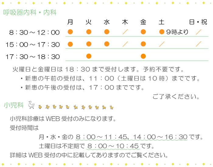 呼吸器内科・内科・小児科診療受付時間